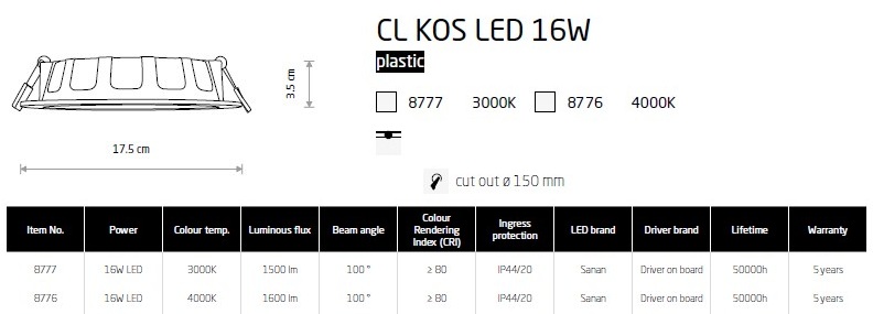картинка Врезные Врезной светильник Nowodvorski CL Kos Led 16W 8776