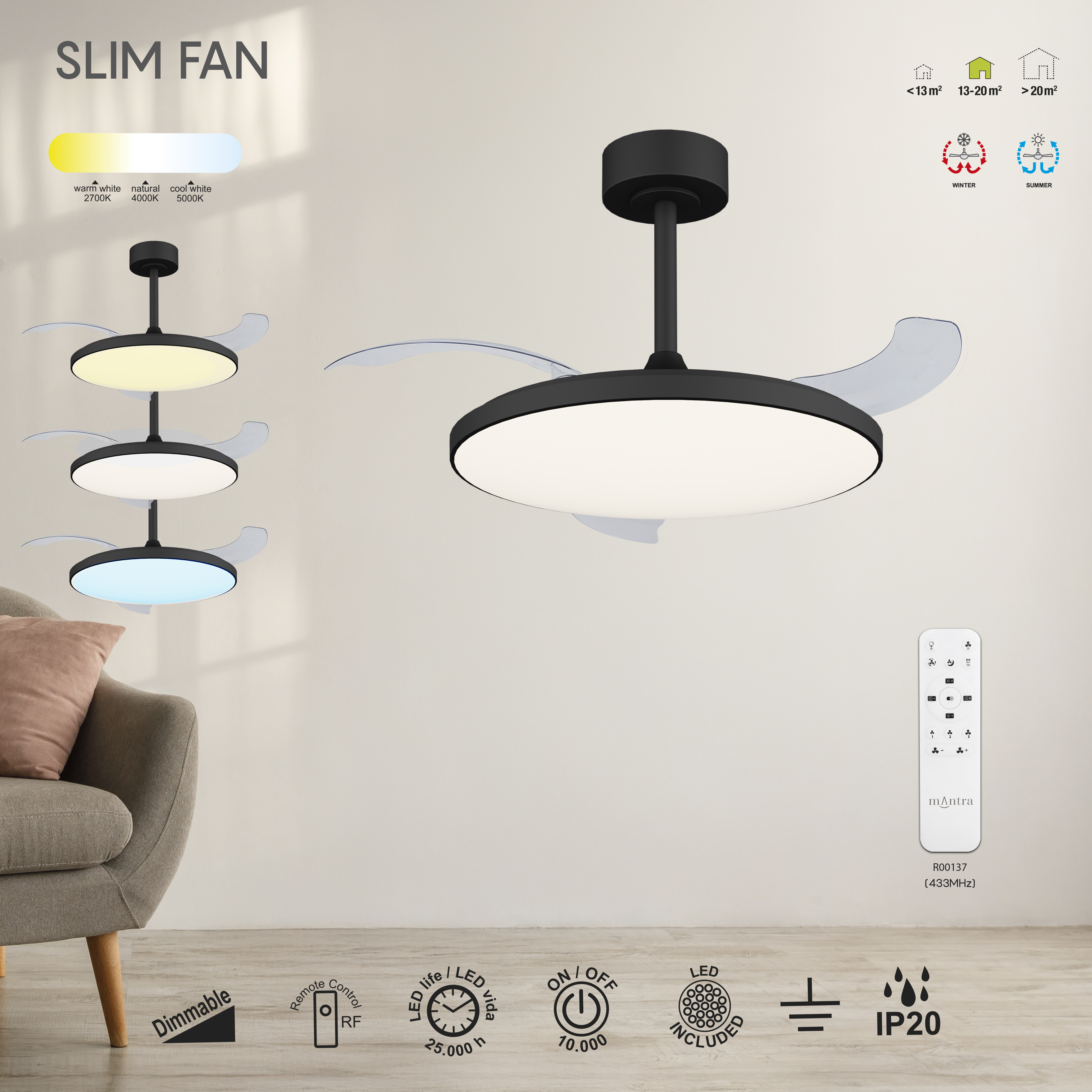 картинка Припотолочные Припотолочный светильник-вентилятор MANTRA Slim fan 9055