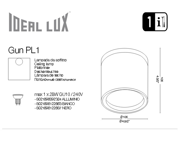 картинка Накладные светильники Накладной светильник Ideal Lux Gun 122687 PL1 Nero
