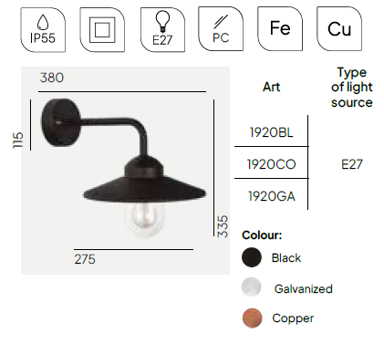 картинка Уличные настенные светильники Бра NORLYS IP55 Vansbro 1920CO