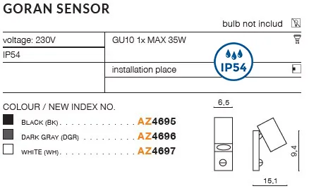 картинка Уличные светильники с датчиком движения (sensor) Бра AZZARDO Goran IP54 датчик движения AZ4696