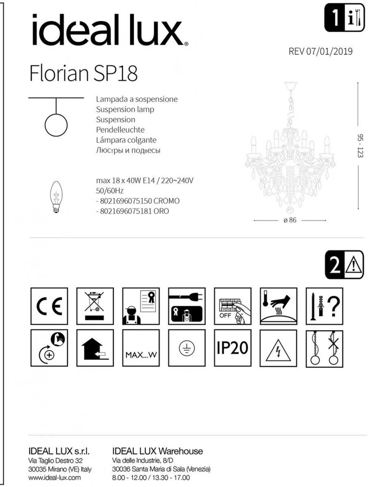 картинка Хрустальные люстры Люстра Ideal Lux FLORIAN SP18 ORO 075181